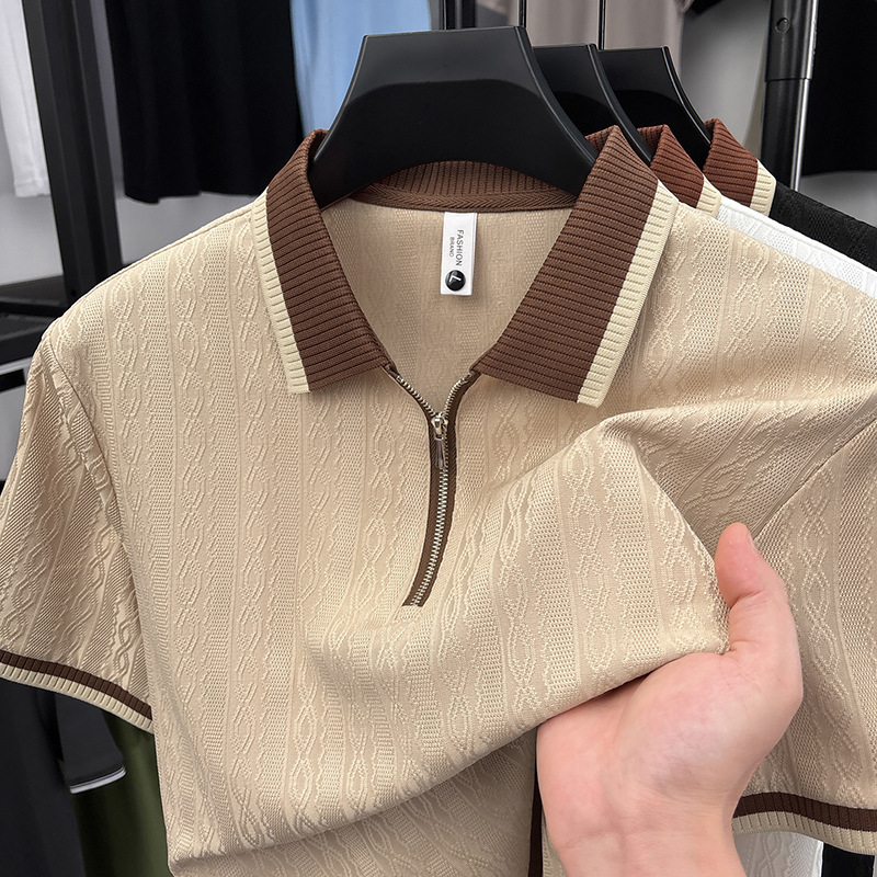 Hombres de mediana edad clásicos de color sólido semia cremallera solapa polo camiseta jacquard rayas de verano nuevo hombre camiseta de manga corta