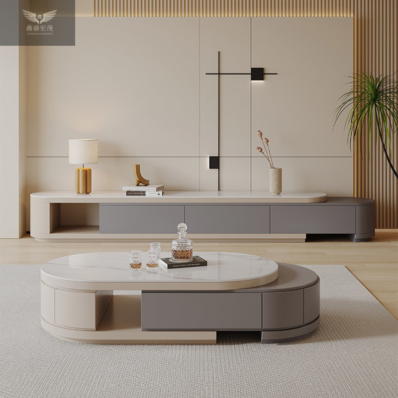 Sala de estar combinada estirada mesa de té oval moderna simple crema viento tabla de roca telescópica mesa de té gabinete de televisión tipo pequeño
