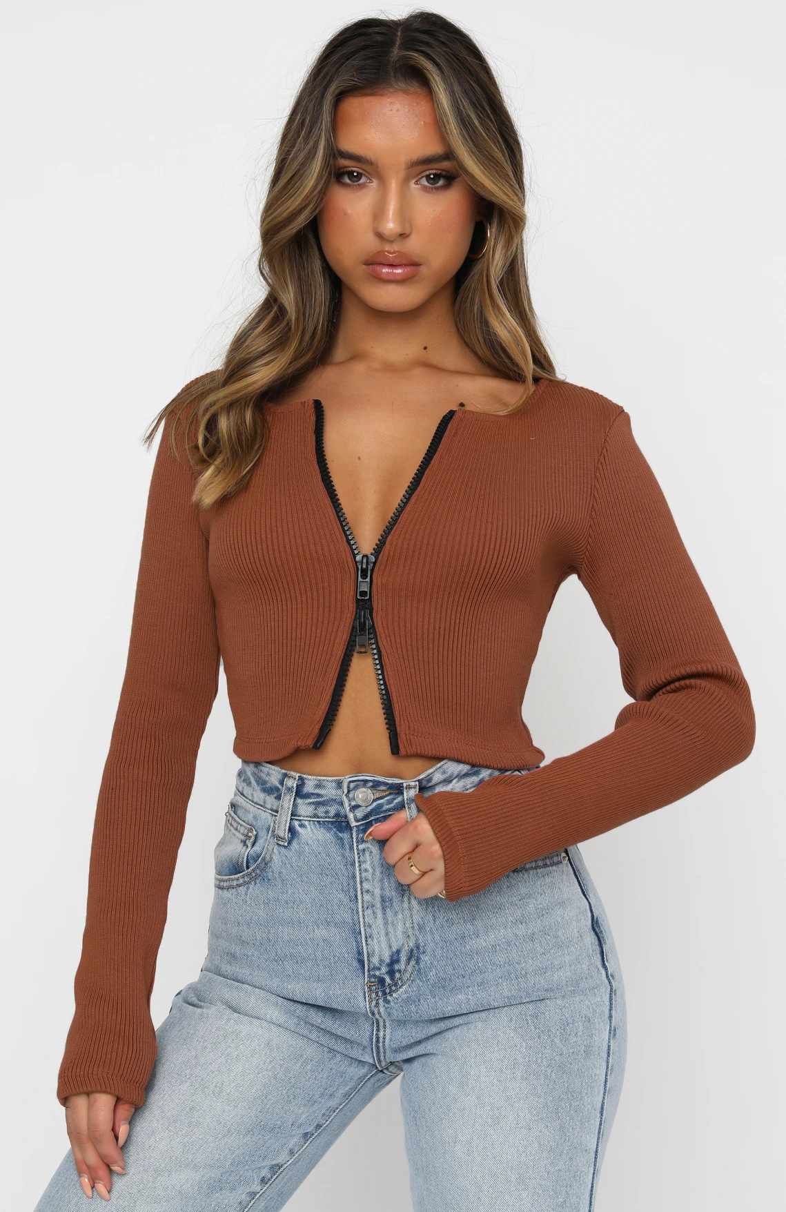 Solid Color Full Zipper Long-Sleeved Crop Top NSLDY103826