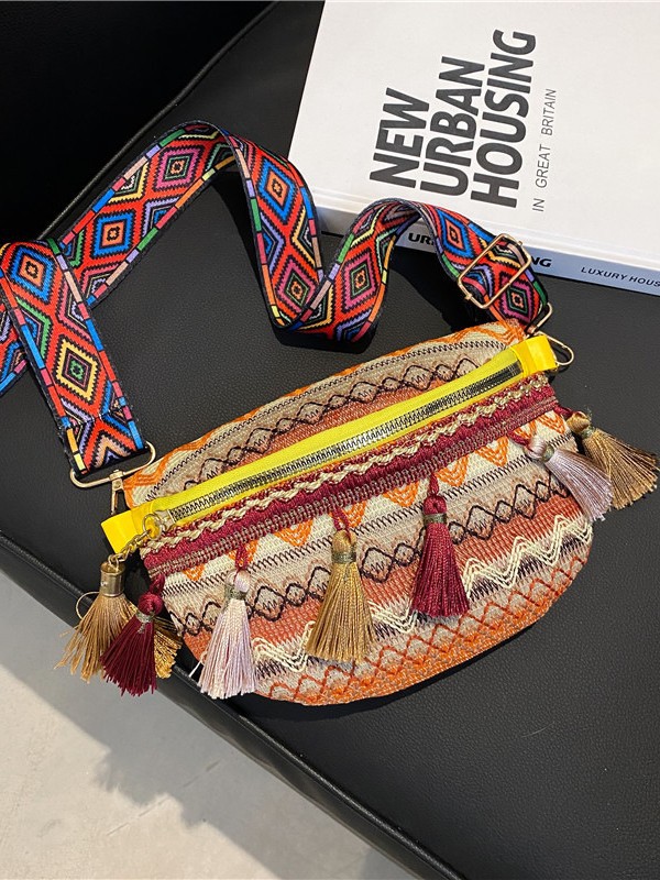 2026 New Style Tassel Woven Small Bag Casual Simple Shoulder Bag Crossbody Bag Waist Bag Women's Ethnic Style Chest Bag