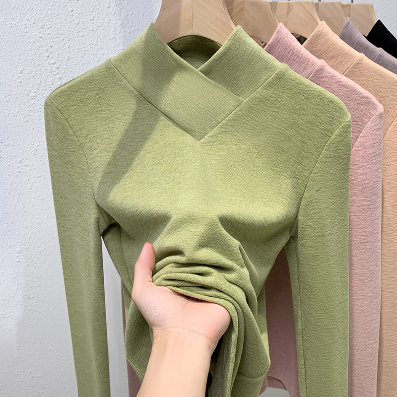 La mitad de las mujeres de terciopelo de cuello alto camisa de fondo 2023 nuevo estilo occidental de las mujeres cuello superpuesto cepillado camiseta caliente interior superior image 3