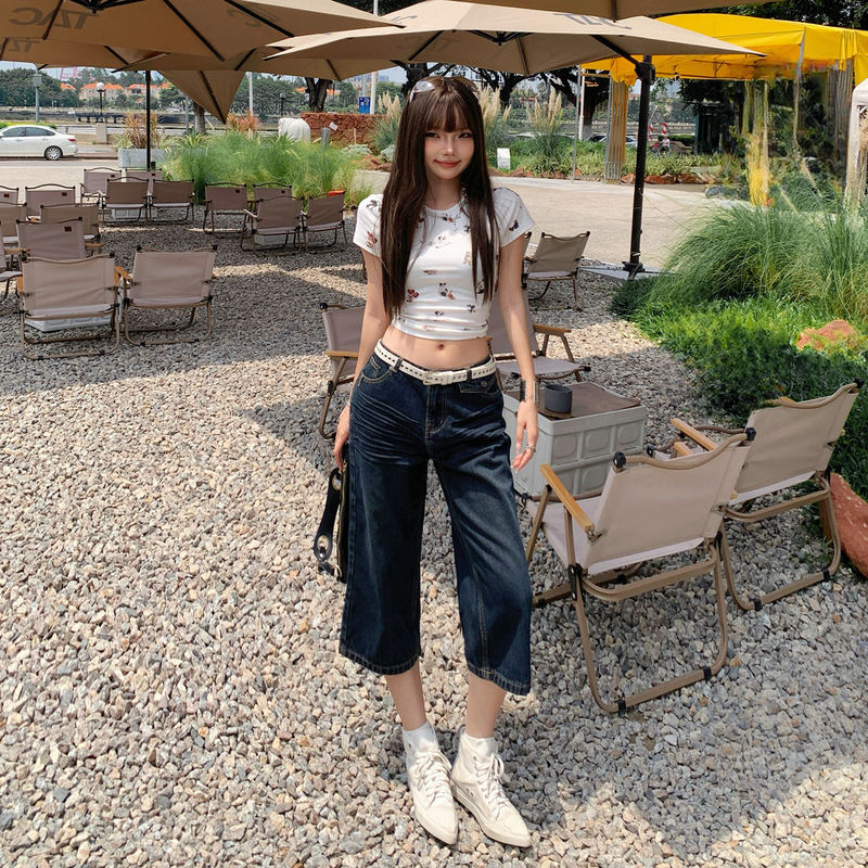 Minghai American Retro Low-Waist Hot Girl Straight-Leg Pants Slim Fit Versatile Cropped Jeans for Women Spring and Summer New Style