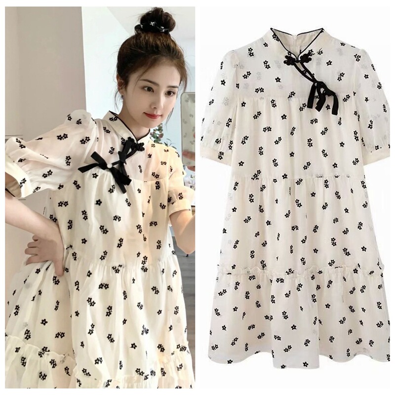 Star Flocking Print dress Sweet Fashion National Style Improved Cheongsam with Buckle Girl Style Skirt