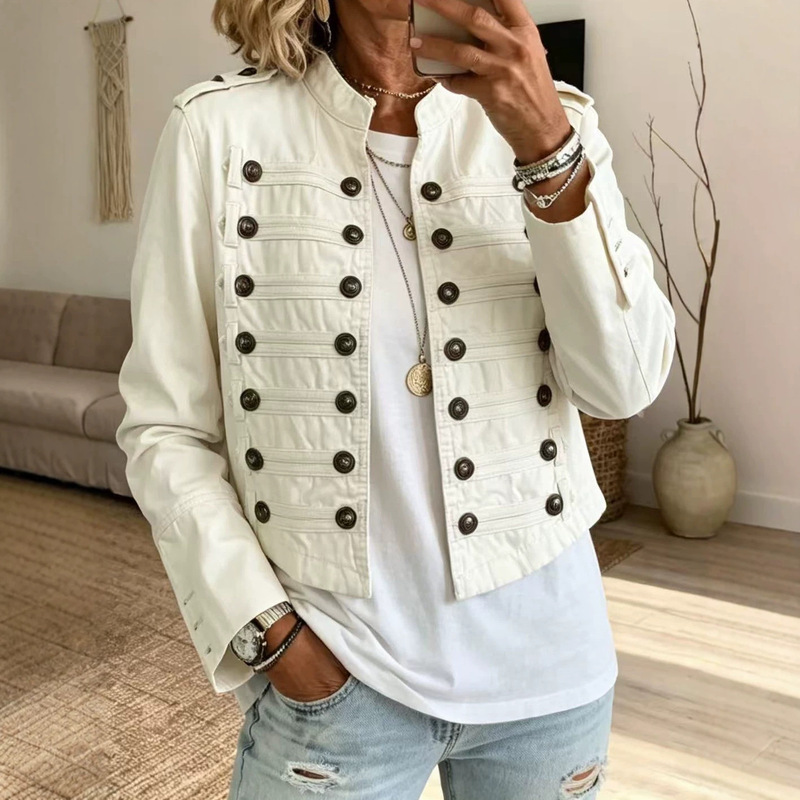 New cross-border women's jacket for petite figures, Napoleon-style military jacket with stand-up collar, short double-breasted decorative work jacket New cross-border women's jacket for petite figures, Napoleon-style military jacket with stand-up collar, short double-breasted decorative work jacket