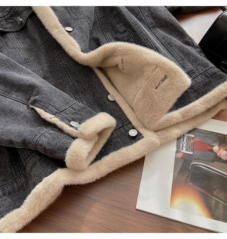 Women's Clothing Autumn and Winter Retro Style Denim Jacket Women Plus Velvet Thickening Small Short Rabbit Fur Jacket Top_voghion.com