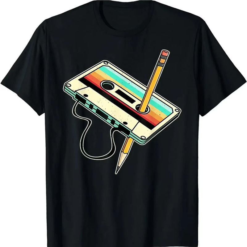 Cross-border European size music clothing T-shirt for men and women, 80s retro cassette tape 1980s pencil era T-shirt
