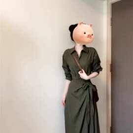 2026开春秋浅秋系绿色polo领衬衫连衣裙子女穿搭职业收腰气质长裙