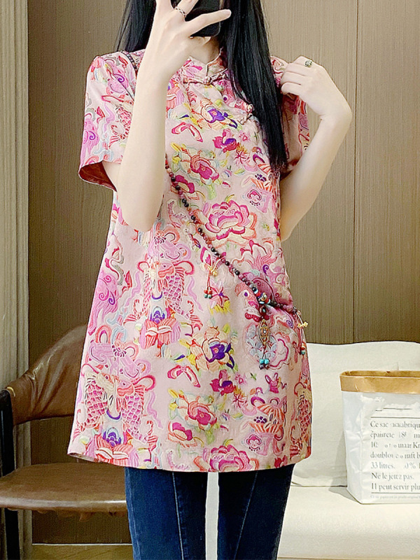 新しい中国風のナショナルスタイルのボタン付きトップ女性の夏の新しいレトロなレーヨンジャカードデイリー改良されたチャイナドレスシャツ|undefined