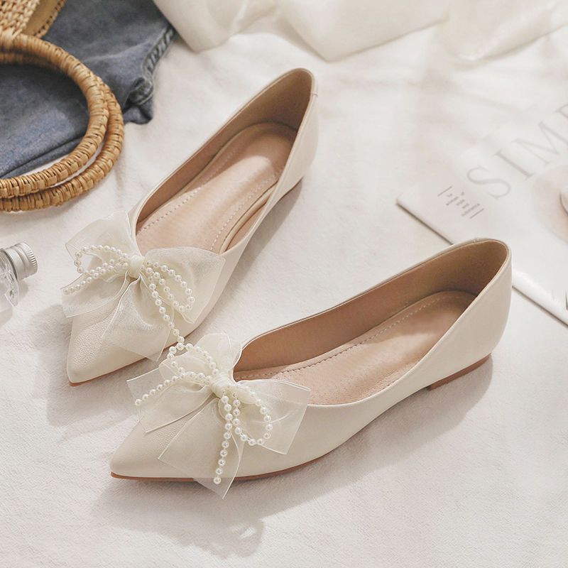 Doudou Shoes 2025 New Versatile Bow Pointed Toe Flats Shoes Gentle Evening Fairy Style with Skirt Flats for Women