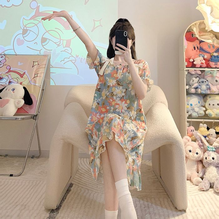 Pijamas transfronterizos al por mayor con almohadillas para el pecho para mujeres verano nuevo estilo de espuma camisón de manga corta ropa para el hogar ropa exterior dulce y linda