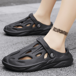 Closed toe solid color hole shoes men's summer outdoor hollow sandals indoor outdoor thick bottom non-slip dual-use beach shoes men
