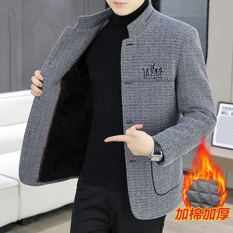 Men's stand-up collar jacket, Zhongshan suit style, fleece-lined wool coat, casual and thickened for middle-aged fathers, autumn and winter.