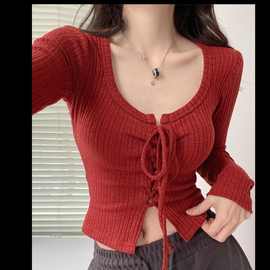 纯欲高级感系带长袖T恤女装春秋新款圆领修身显瘦短款百搭打底衫