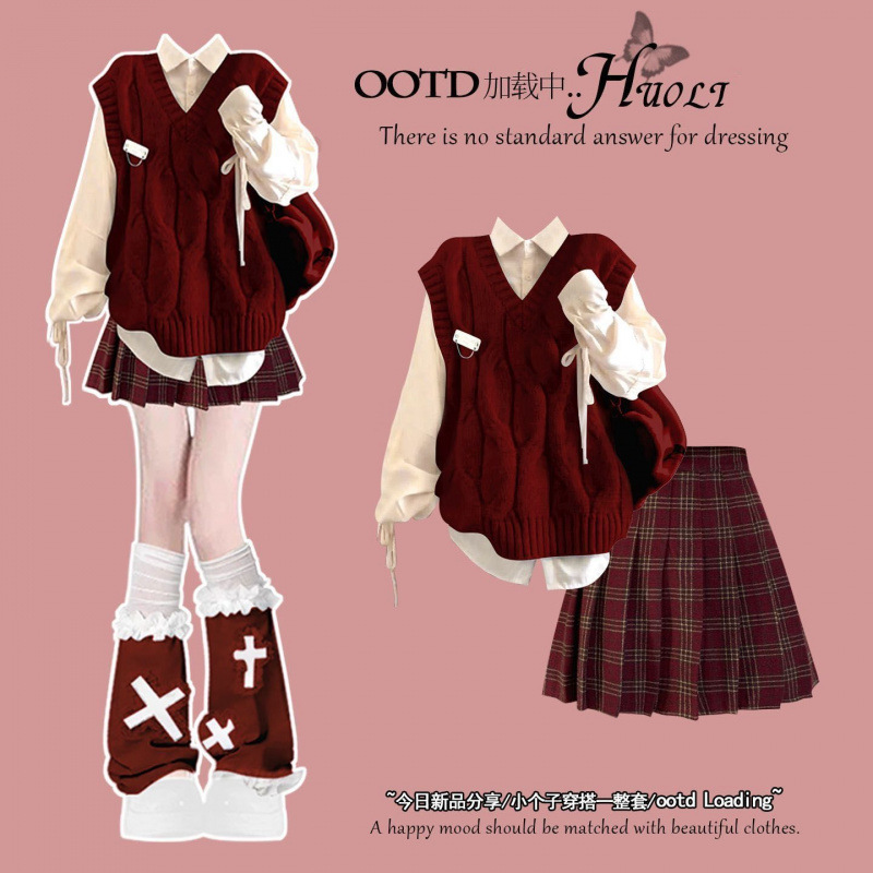 College Style Christmas Red Sweater Vest Student Spring and Winter New Year Sweet Loose Shirt Red Plaid Skirt Three-Piece Suit
