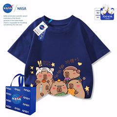 NASA联名卡皮巴拉水豚卡通可爱短袖T恤男女中大童外穿夏装上衣服