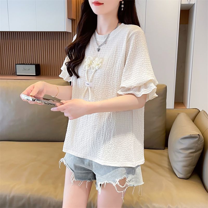 Sensación de diseño de nicho camiseta de manga corta con manga de hoja de loto para mujer verano versión coreana suelta de gran tamaño para mujer color de contraste pequeño top image 7