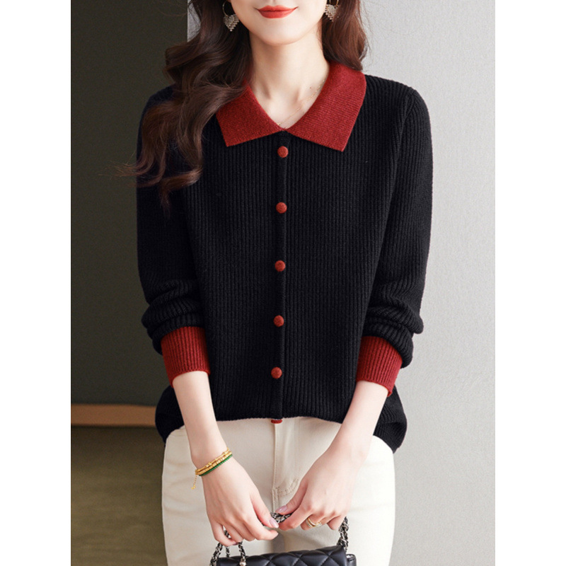 Suéter de solapa para mujeres 2025 otoño nuevo polo cuello exterior envejecimiento de madres color de punto camiseta de base superior image 2
