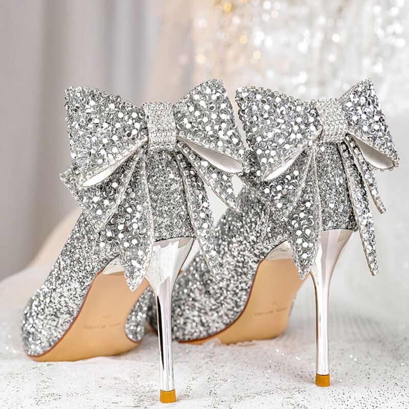 Silver Sequin Pointed Toe High Heels for Women 2023 New Stiletto Heel Rhinestone Butterfly Wedding Shoes Elegant Crystal Shoes Silver Sequin Pointed Toe High Heels for Women 2023 New Stiletto Heel Rhinestone Butterfly Wedding Shoes Elegant Crystal Shoes