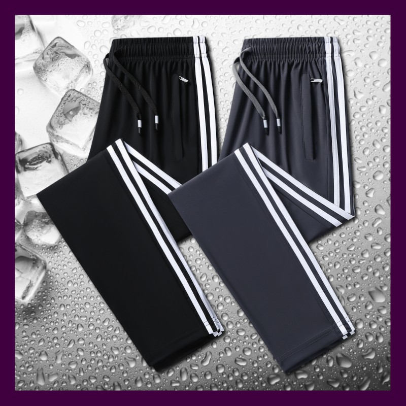 Pantalones de seda de hielo de tres barras para hombres y mujeres delgados elásticos de secado rápido deportes y ocio sueltos pantalones escolares para estudiantes de gran tamaño fábrica al por mayor