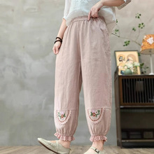 2025夏季新款亚麻休闲裤女文艺时尚纯色刺绣宽松复古哈伦裤九分裤