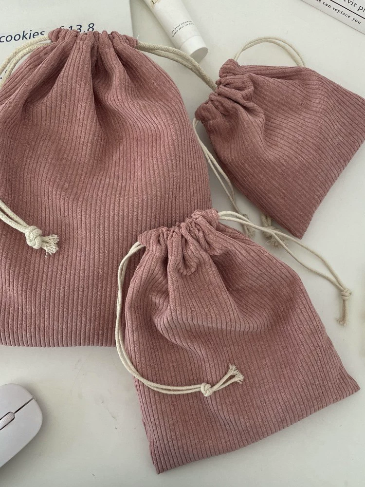 Corduroy Cosmetic Drawstring Bag Set, Handheld 3-Piece Kit — Small/Medium/Large