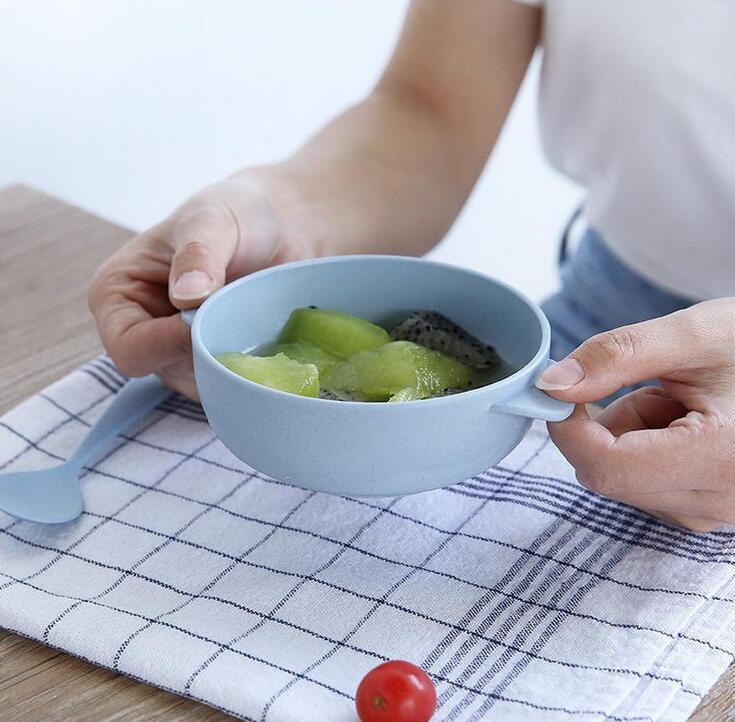 Trigo paja de arroz los niños degradable tazón cuchara traje vajilla con mango pequeño regalo
