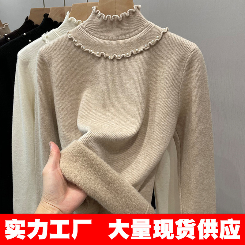 One-Piece Velvet Fabric Half-Turtleneck Sweater for Women, 2026 Winter New Style, Lace Thickened Knit Inner Layer, Stylish Base Shirt One-Piece Velvet Fabric Half-Turtleneck Sweater for Women, 2026 Winter New Style, Lace Thickened Knit Inner Layer, Stylish Base Shirt
