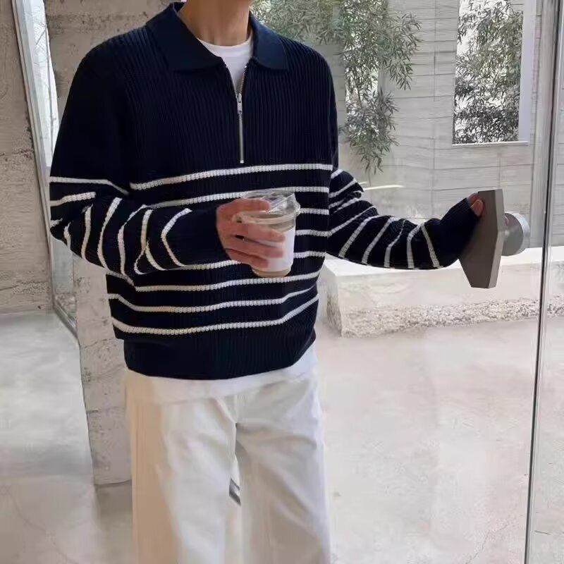 Lasel Long Sleeve Sweater Men's Autumn Korean Style Loose Retro Casual Half Zipper Polo Striped Sweater Top Trendy