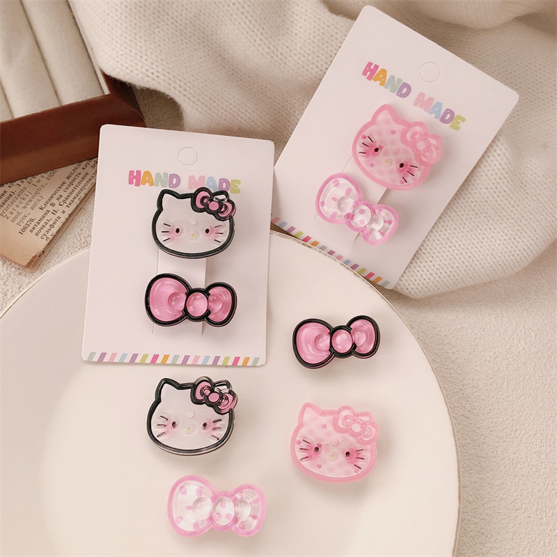 猫咪蝴蝶结发夹~冰透黑粉卡通发卡少女甜美侧边碎发刘海夹发饰