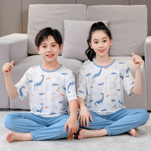 Spring 2024 parent-child wear cartoon short-sleeved air conditioning home wear suit boys and girls long-sleeved trousers pajamas two-piece set