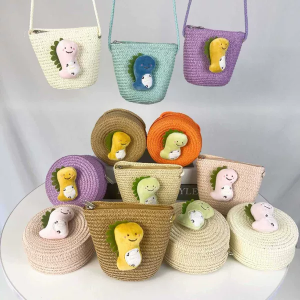 Summer Children's Straw Bag Dinosaur Small Round Bag Cute Seaside Vacation Crossbody Bag Coin Purse Woven Mini Doll