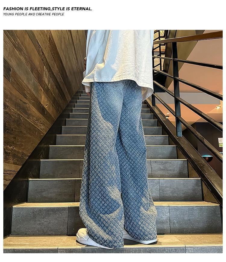 Wide-leg Pants Men's Jacquard Full Print Jeans Old High Street Straight Pants_mkmklike.com