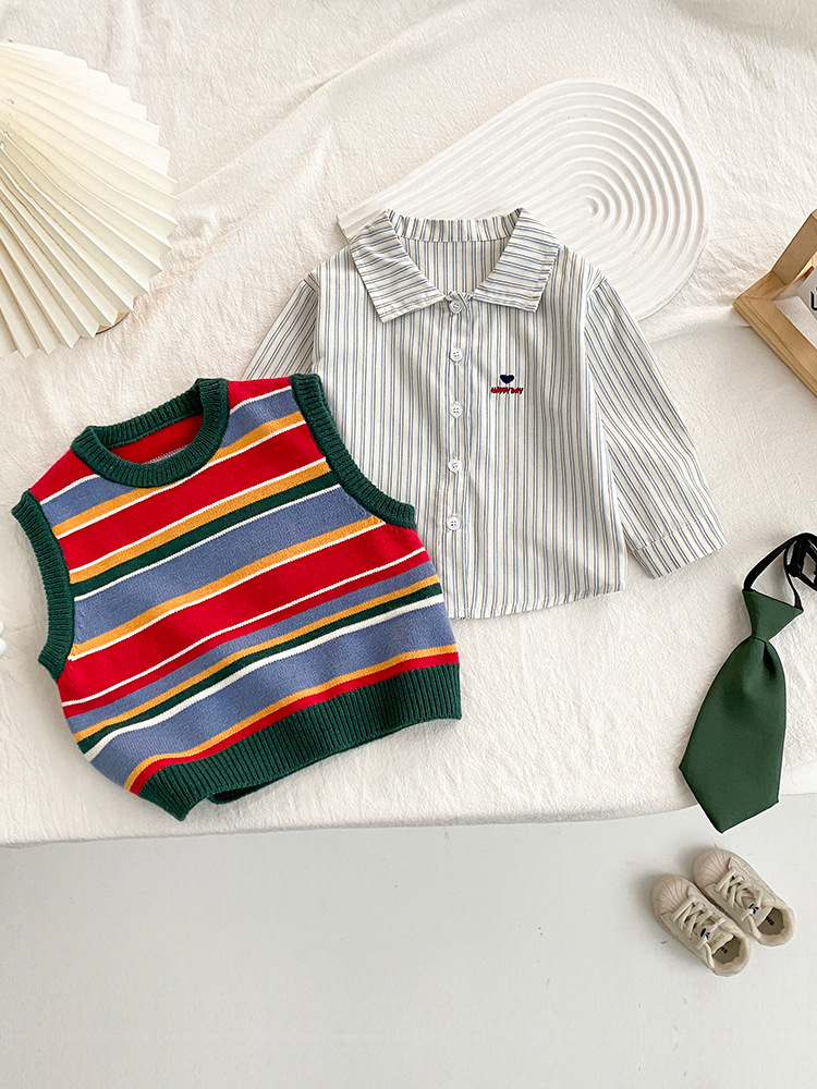 Chaleco para niños, ropa de primavera y otoño, suéter de estilo extranjero, cuello redondo, estilo universitario, tendencia retro, suéter a rayas para hombres y mujeres, tendencia