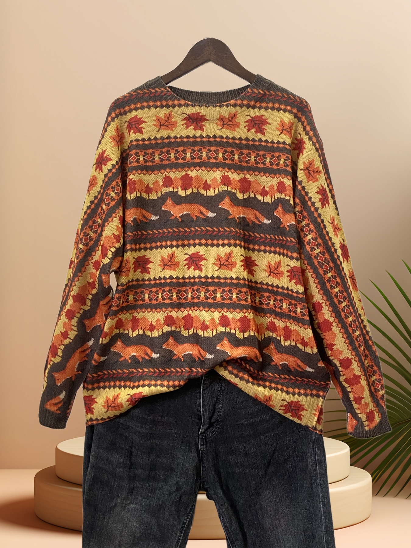 Crewneck Printed Retro Loose Fashion Elegant Knitted Sweater Autumn and Winter New Artistic Casual All-match Knitted Sweater for Women
