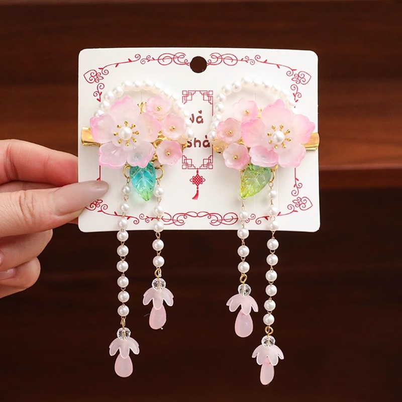 Horquilla de los niños estilo antiguo hanfu tocado lindo perla flor borla clip bebé cinta accesorios para el cabello