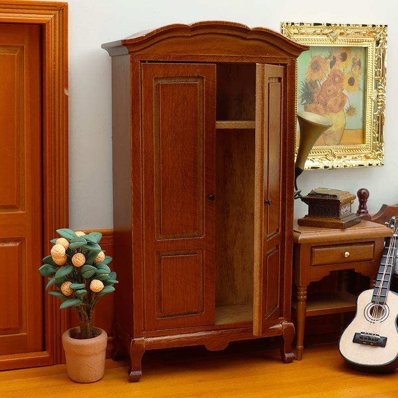 1:12娃娃屋DOLLHOUSE纯手工迷你柜子家具场景欧式复古栗色衣柜|undefined