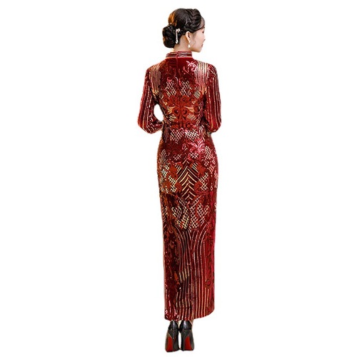 Women chinese dresses oriental qipao dresses velvet sequined wedding party cheongsam catwalk miss etiquette show dresses host singers performance cheongsam