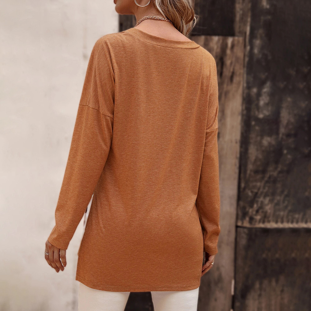 Simple Style Solid Color Polyester V Neck Long Sleeve Regular Sleeve Patchwork T-shirt