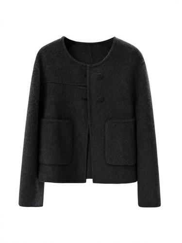 Stylish Short Plaid Wool Coat for Women - Deep Gray, Autumn/Winter Design, Unisex Double-Faced Wool Overcoat