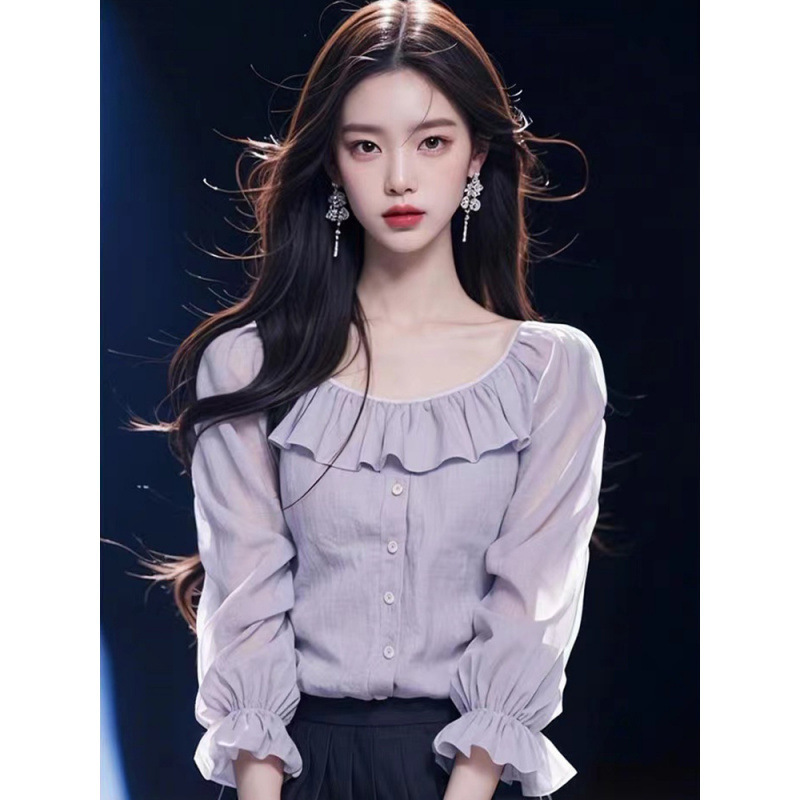 2025年秋の新作婦人服韓国系紫シフォンシャツ気質ハスの葉の縁の高級感七分袖上着|undefined