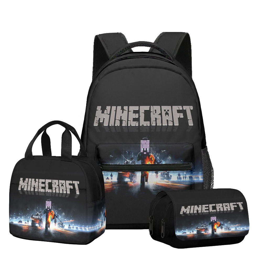 Nuevo producto 3D My World Minecraft mochila de estudiantes de primaria y secundaria bolsa de almuerzo bolsa de bolígrafo doble tres piezas set