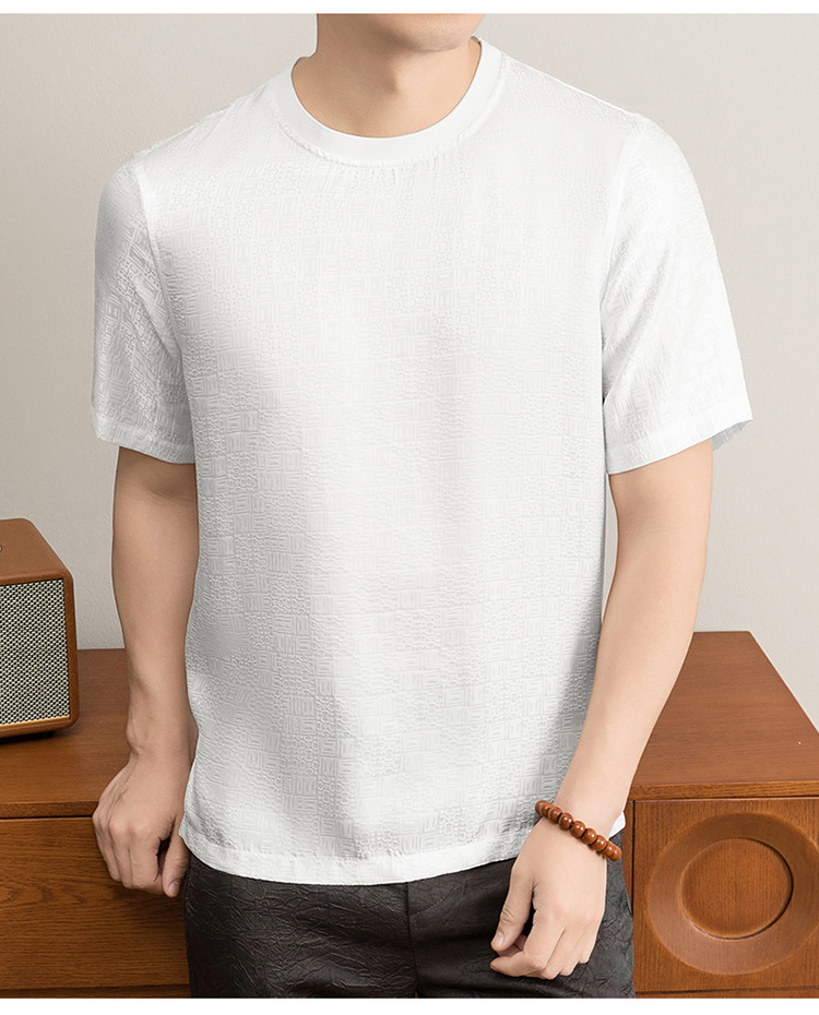 Áo thun nam tay ngắn lụa jacquard Mulberry mỏng nhẹ mùa hè — Trắng 8876 chi tiết 11