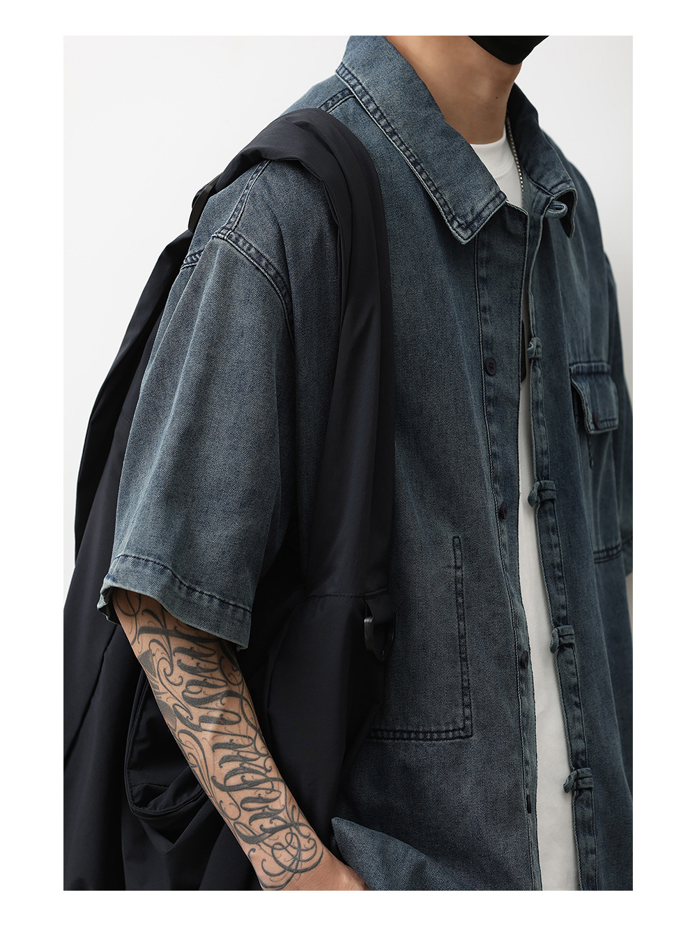 1 Denim Short Sleeve Summer New Chinese Niche Design Button Dark Blue Shirt Men's National Style Jacket Trendy_voghion.com