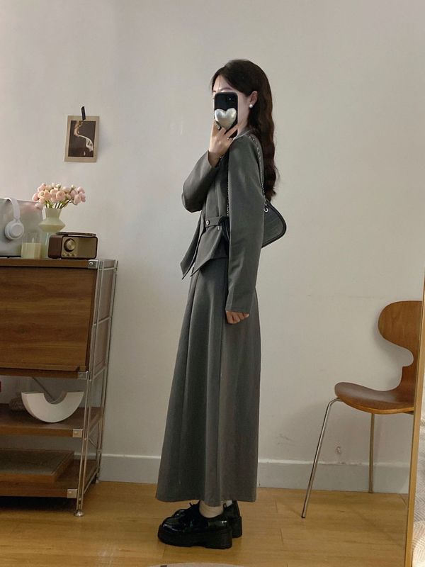 2025年大码女装气质长袖西装上衣高腰半身裙秋季显瘦通勤两件套|undefined