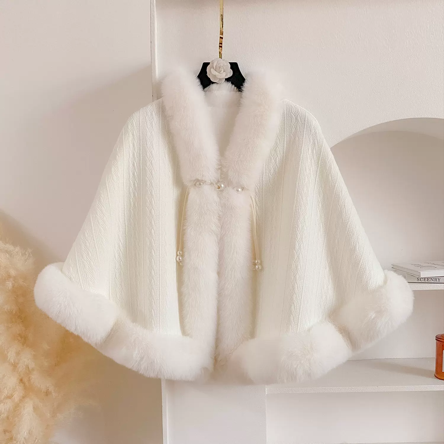 国风加绒旗袍汉服外搭披肩加绒加厚毛领针织小外套保暖短款斗篷女