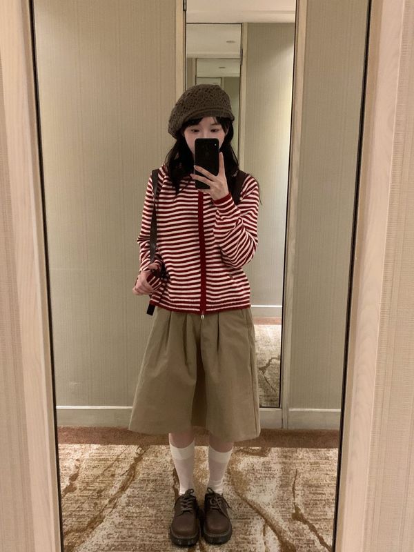 红白条纹连帽双拉链针织衫开衫女韩系复古宽松减龄毛衣外套上衣女|undefined