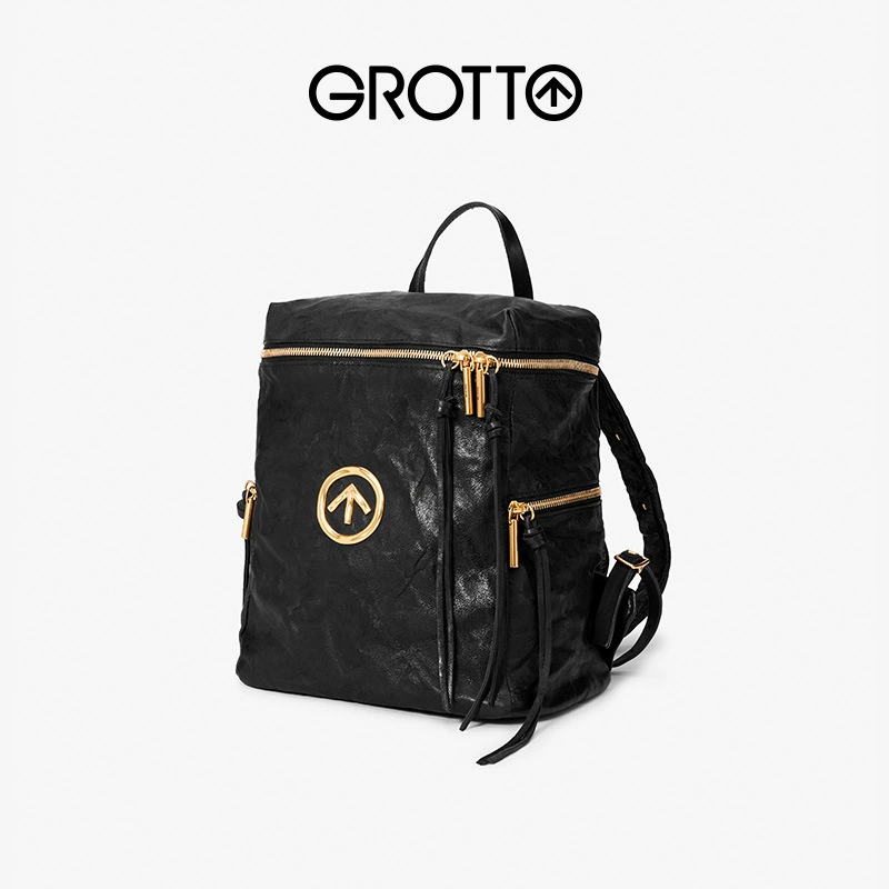 GROTTO Gele Black Stone Small Backpack без пола Wrinkled SheepskinSoft Leather Backpack Morning Tide Leisure