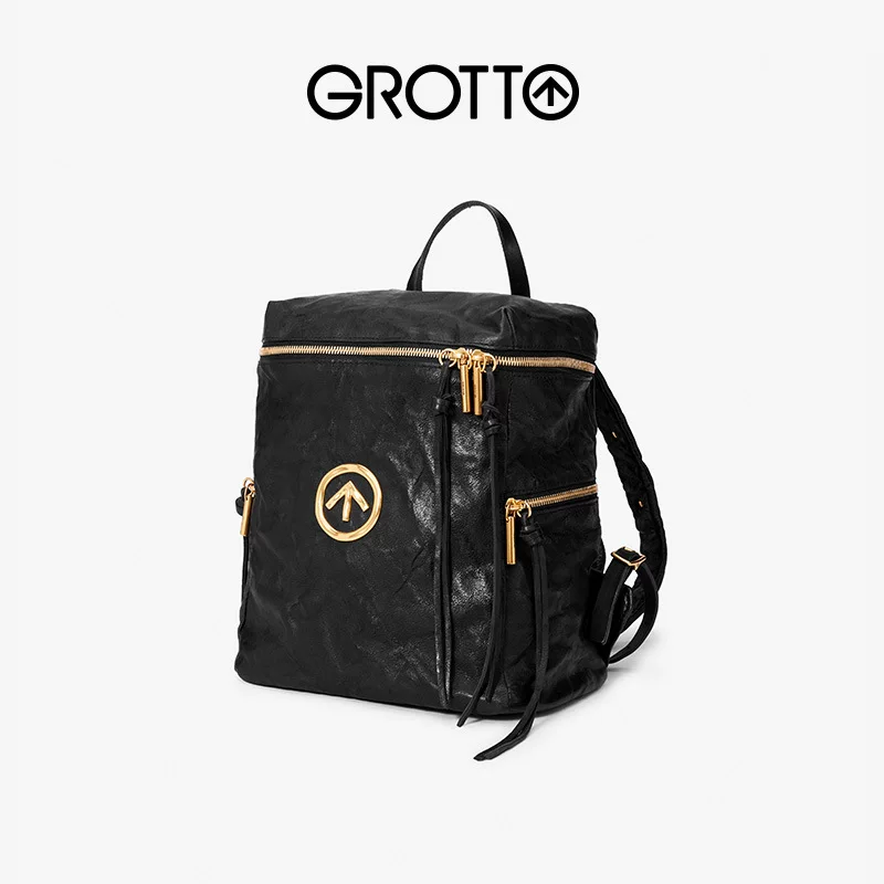 GROTTO Gele Black Stone Small Backpack без пола Wrinkled SheepskinSoft Leather Backpack Morning Tide Leisure