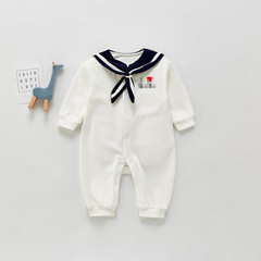 ins韓版2021秋男寶嬰幼兒爬服白色海軍領連體衣寶寶爬服