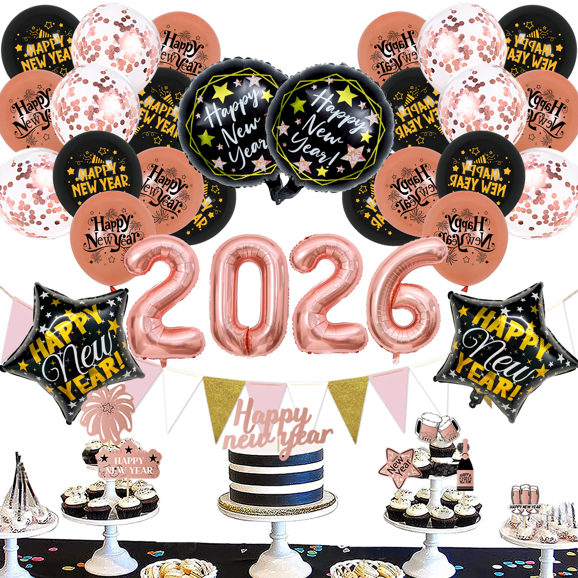 Set de Globos Oro Rosa Año Nuevo 2026 (2 unidades)